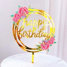 Load image into Gallery viewer, Acrylic Colorful Flowers Happy Birthday Gold Cake Toppers
