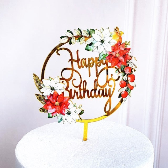 Acrylic Colorful Flowers Happy Birthday Gold Cake Toppers
